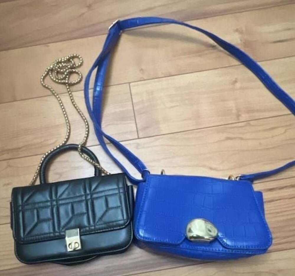 2 Women's Handbags: Black Quilted Chain Bag and Blue Croc-Embossed Crossbody